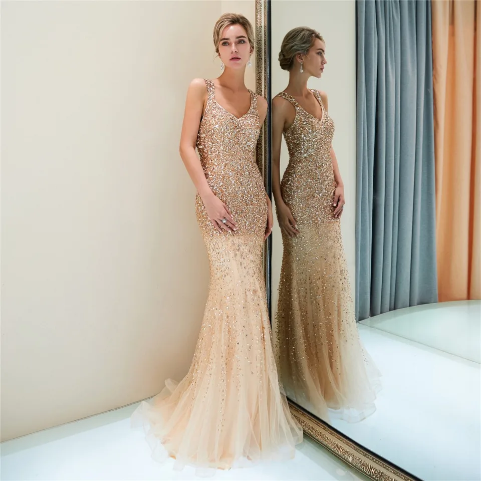 Janevini Luxury Champagne Gold Mother Of The Bride Dresses Heavy Beaded Mermaid V Neck Illusion Sparkly Long Evening Party Gowns Mother Of The Bride Dresses Aliexpress