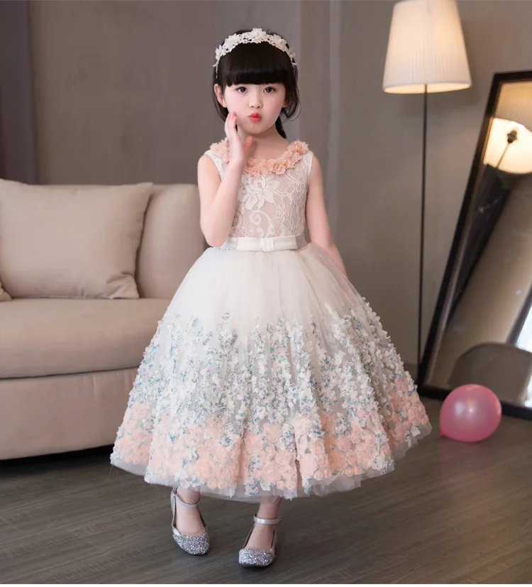 От 2 до 12 лет платье с цветочным узором для девочек; кружевное бальное платье; детское праздничное платье для дня рождения; платья без рукавов; платье принцессы с цветочным рисунком; K26