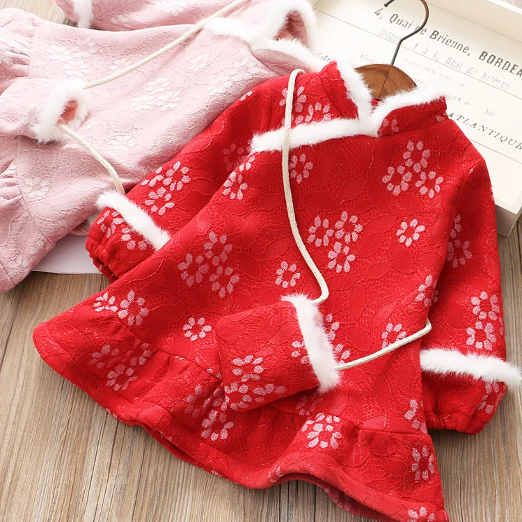 

New Year Toddler Girls Flowers Dress Chinese Styles Dress Elegant +purse Little Kids Xmas Floral Faux Fur Dress Clothing
