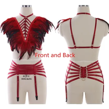 

Gothic Feather Epaulettes Full Body Harness Adjust Tops Steampunk Shoulder Wings Festival Dance Hollow Out v collar Lingerie Set