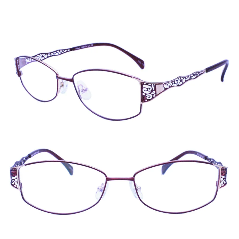 

S67072 shield shape fullrim metal with luxury carving flower pattern progressive prescription vintage trendy glasses for women