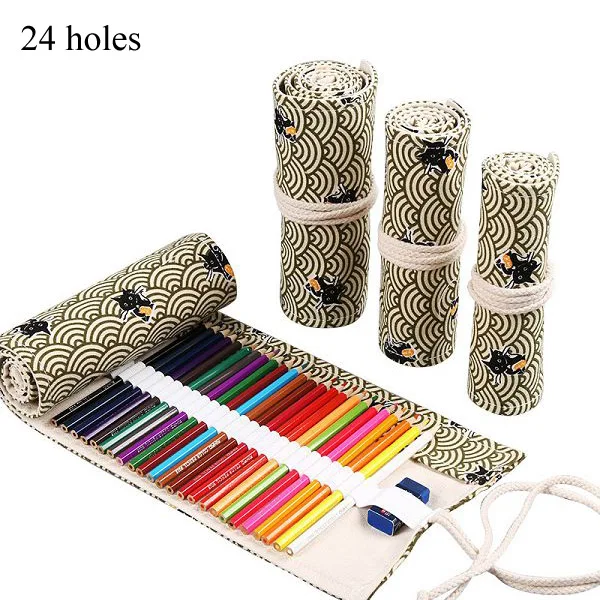24 holes vintage 12/24/36 отверстия Карандаш Чехол Trousse Stylo Kawaii Cat рулон Pennen Etui Astuccio порта Пенне Articulos Escolares большой школьный рюкзак - Цвет: 24 holes vintage