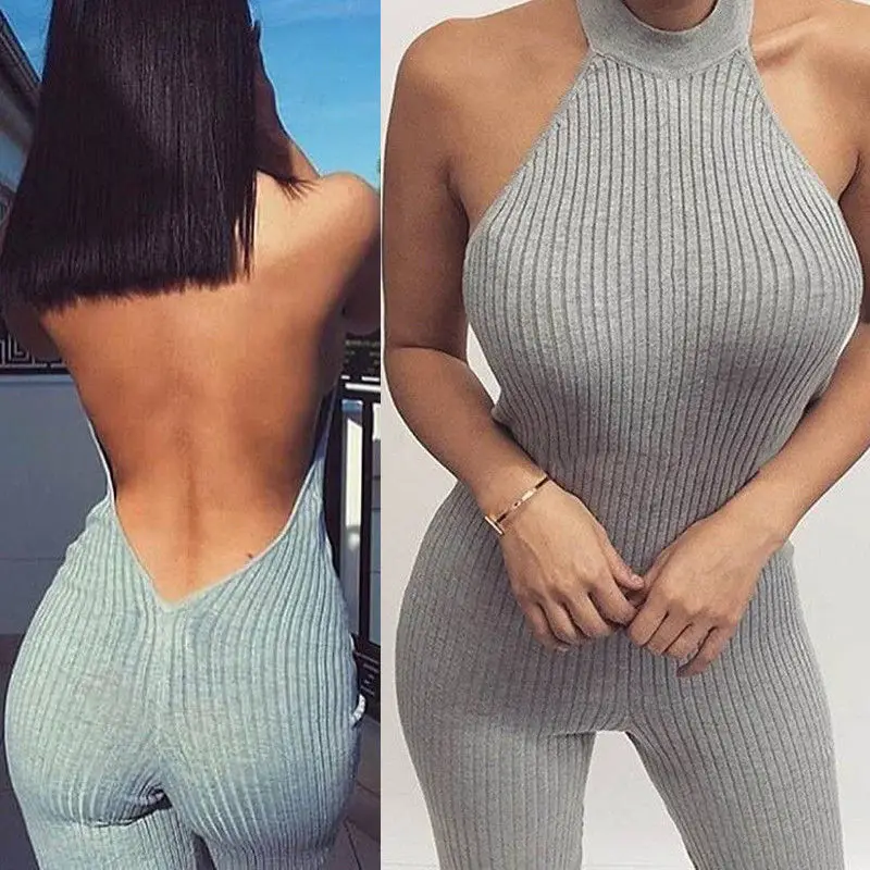 

2017 HOT Fashion Jumpsuit Women Sexy Ladies Sleeveless Jumpsuit Summer Solid Women Slim Backless Playsuit Bodycon Halter Romper