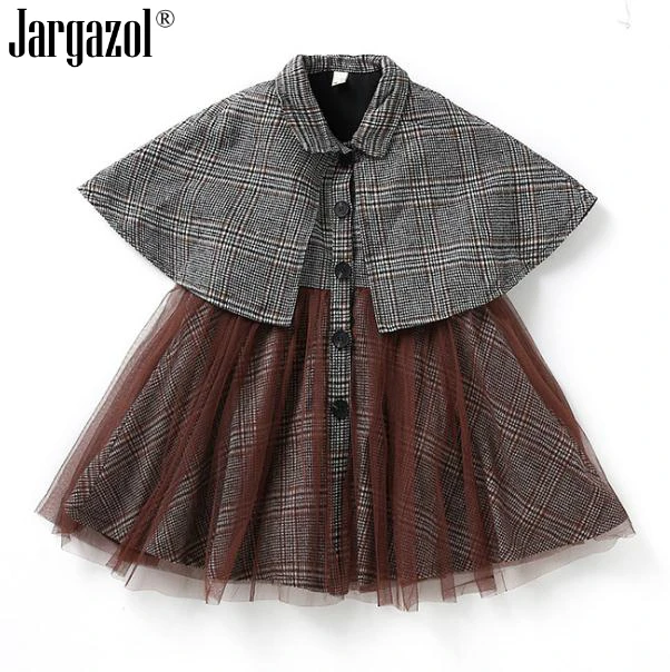 

Girls Autumn Spring Dress Classic Plaid Cloak with Lace Fashion Vintage Dress Coat Elegant Children Clothes Drop Shipping
