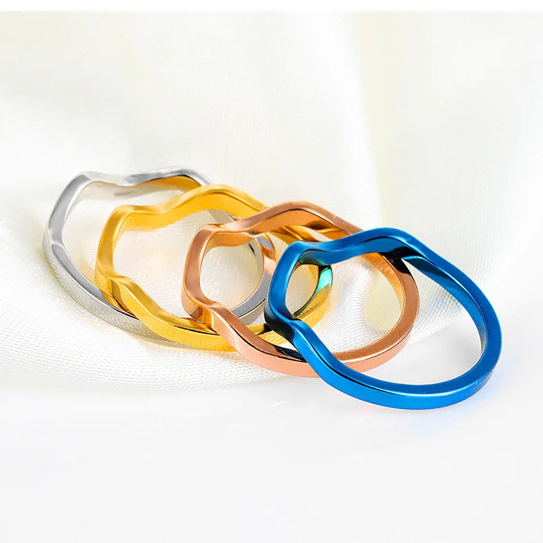 

Fashion OL Style Titanium Steel Femme Party Blue Silver Wave Ring Simple Jewelry Rose Gold Color Rings For Women Wholesale