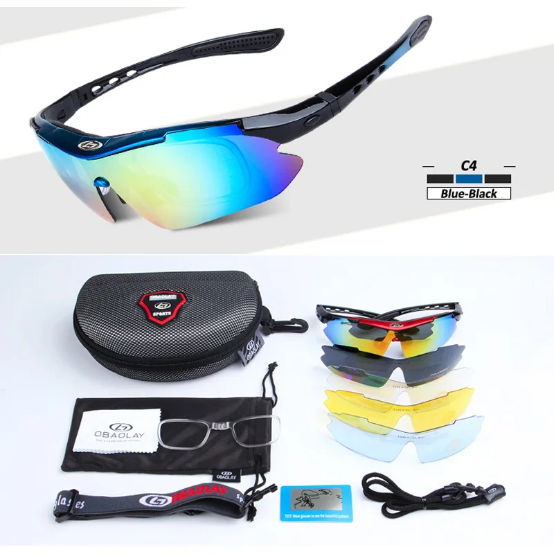 OBAOLAY поляризационные спортивные мужские солнцезащитные очки для шоссейного велоспорта, очки для горного велосипеда, очки для езды на велосипеде, 5 линз - Цвет: C4 Blue Black