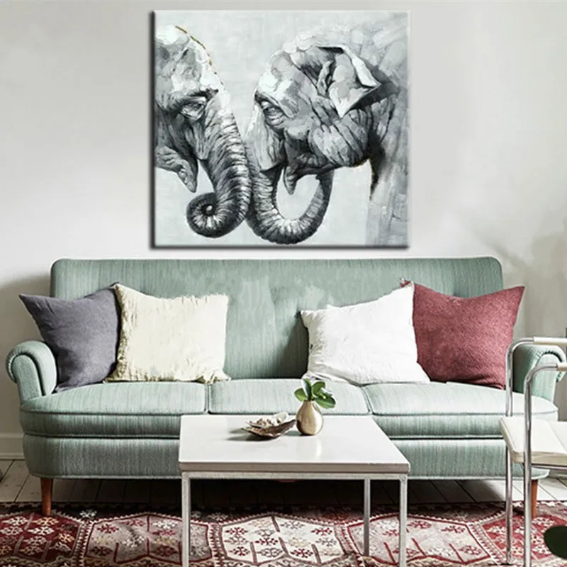Hand Painted Abstract Animal Oil Paintings on Canvas Home Decor Wall Art Knife Grey Black Elephant Pictures Large Painting Arts | Дом и сад