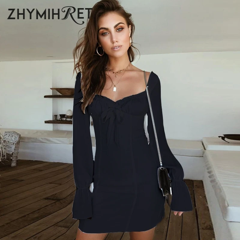 Женское платье с длинным Расклешенным рукавом ZHYMIHRET Черное Осеннее галстуком
