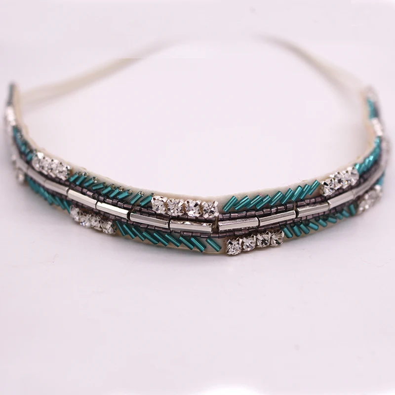 

Metting Joura Vintage Bohemian Spring Green Tube Beads Handmade Headband Rhinestone Elastic Hair Band Hair Accessory