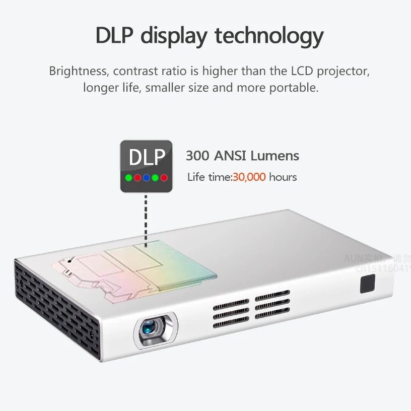 AUN DLP Projector D6S, Portable Beamer Built-in 1080*720, Android 5.1, Bluetooth, 8000mAH Battery. HDMI, USB, SD. (Optional D6I)