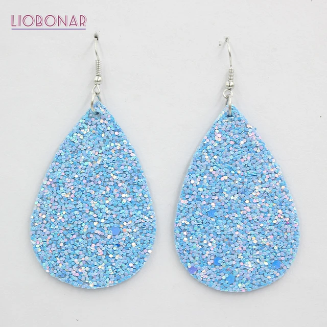 New Arrival Leather Earrings Light Blue Gliter Teardrop Earrings Trendy