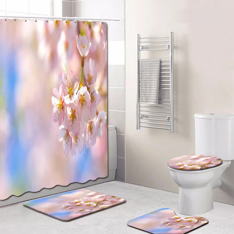 4 комплекта, ковер для ванной комнаты, занавеска для душа, вишневый цвет, накидка для унитаза, ванная комната, нескользящий ковер и занавеска для душа