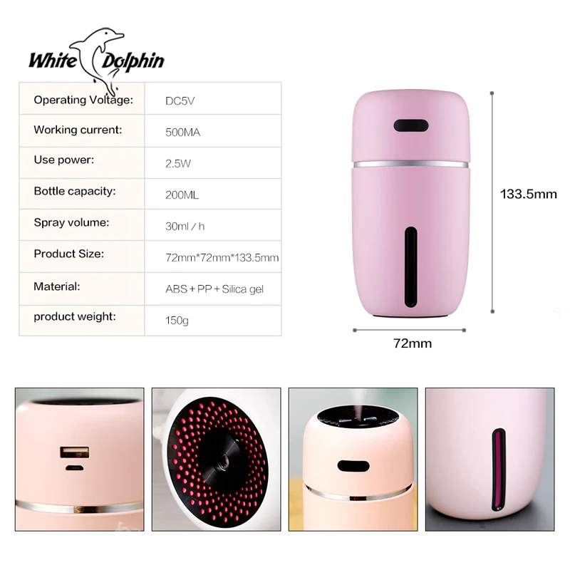 White Dolphin Mini USB Air Humidifier Essential Oil Diffuser LED Ultrasonic Mist Maker Fogger Humidifier Car USB Aroma Diffuser