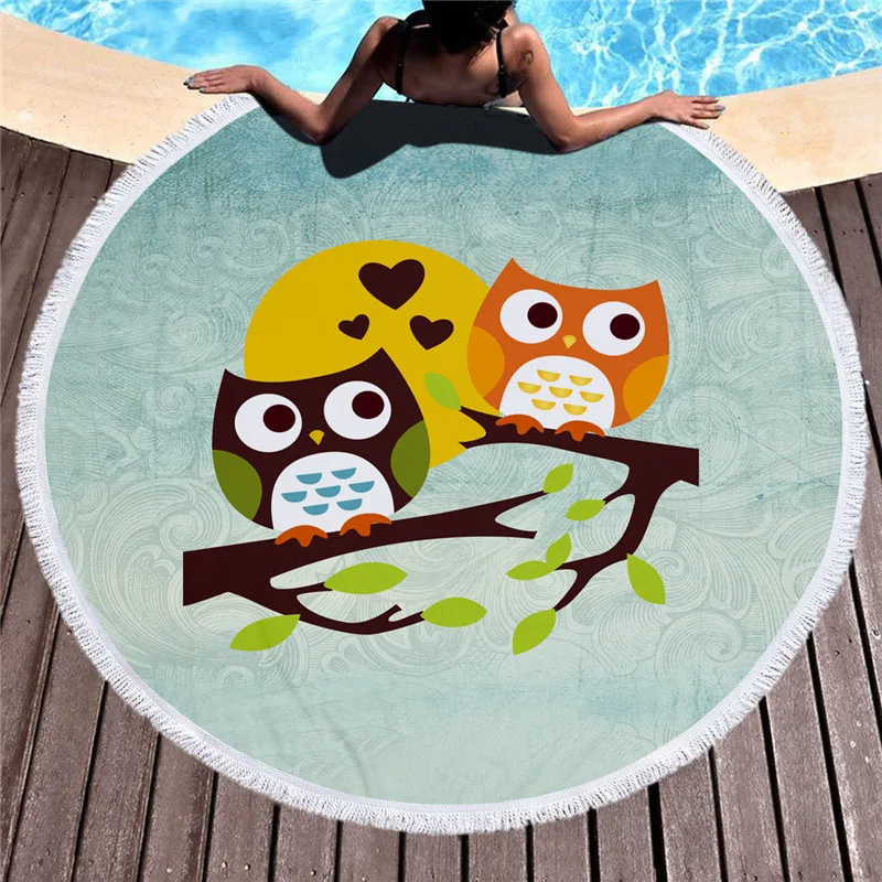 Microfiber Beach Towel Owl Printed Large Round Beach Towels for Adult