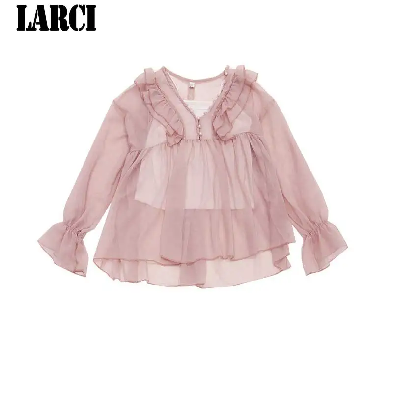 LARCI Chiffon Perspective Shirt Ruffles Design Blouse 2018 Spring New Long Flare Sleeve Tops Woman Sexy V-neck Shirts ON862C |