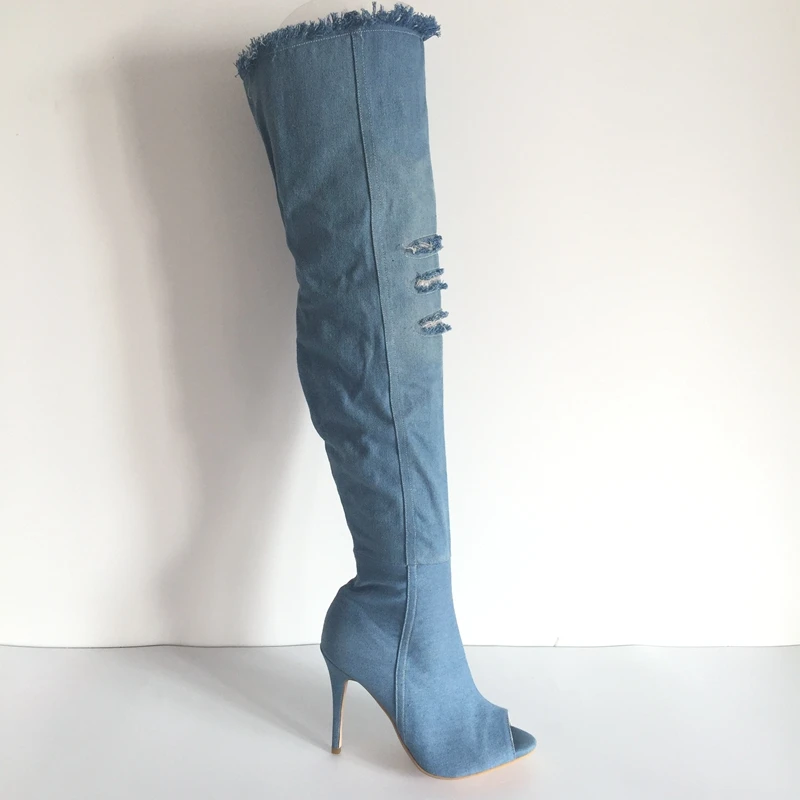 Denim Blue Over Knee Boots Winter Women Boots Plush Inside Hollow Out Leg Super High Heels Peep Toe Chaussures Femmes