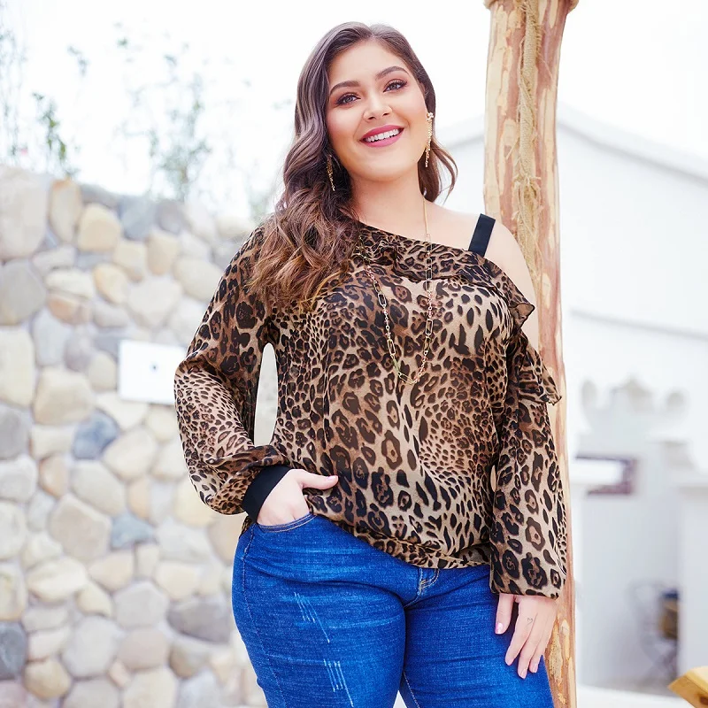 

WHZHM Plus Size 3XL 4XL Tops Blouse Ladies Off Shoulder Chiffon Full Sleeve Party Casual Leopard Print Loose Shirt Female