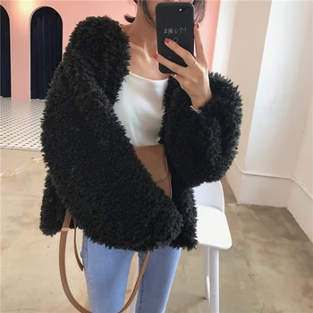 

Fashion lamb hair long-sleeved cardigan casual simple retro solid color temperament loose plush short coat female Autumn Winter