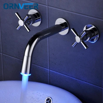 

2018 LED Modern chrome Finish Brass Double Handle Wall Mounted Bathroom Sink Faucet Hot & Cold Tap torneira de parede