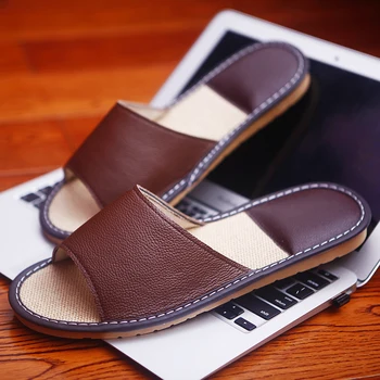 

Genuine Leather Couple's Summer Indoor Slippers Comfortable Natural Linen Insole Anti-Skip Casual Home Shoes Men and Women
