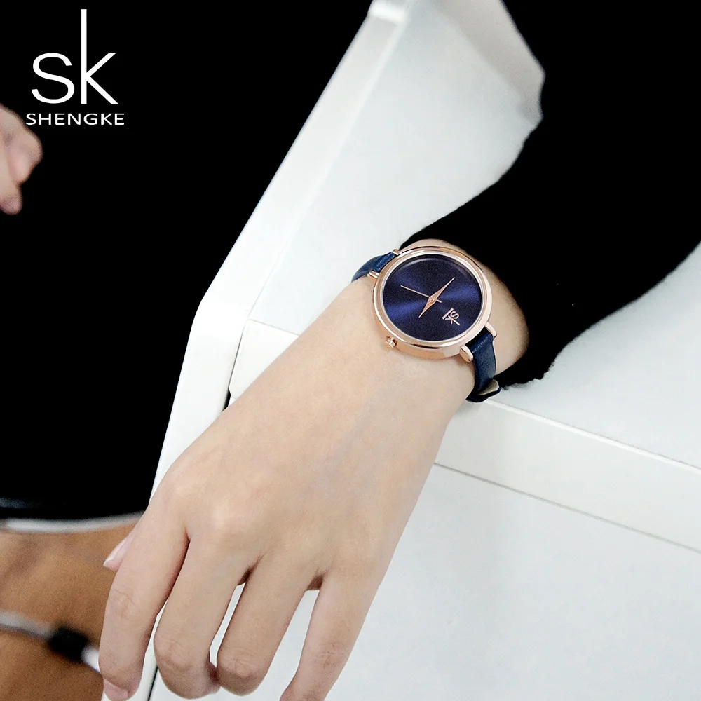 Женские кварцевые часы Shengke синего цвета с кожаным ремешком 2019|sk fashion|sk 2sk watch |