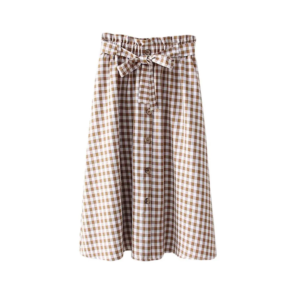 Plaid Bow Belt Retro Woman Skirt Wooden Ears Buckle A-Line Skirt Fashion Simple High Waist Waist Casual Skirts X