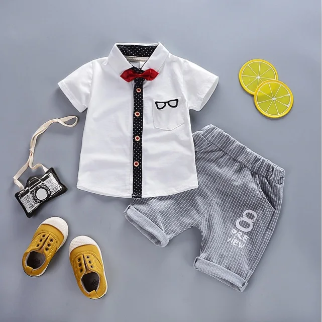 Комплект для мальчиков; Новая летняя одежда для малышей; Модная рубашка с короткими рукавами для мальчиков+ шорты; комплект из 2 предметов; комплект одежды для детей - Цвет: Белый