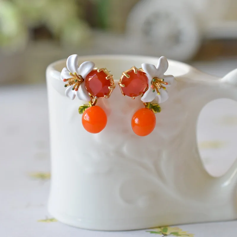 

Warmhome Trendy Jewelry Enamel Glaze Copper White Orange Blossom Flower Gem Earrings Necklace Bracelet For Women