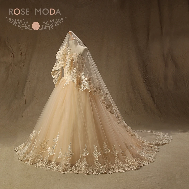 

Rose Moda Champagne Ball Gown Strapless Lace Wedding Dress Plus Size Vestido de Noiva 2019 Real Photos