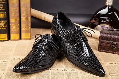 

Men Snakeskin Pattern Round Toe Low Heel Lace Up Formal Business Shoes British Style Party Casual shoes
