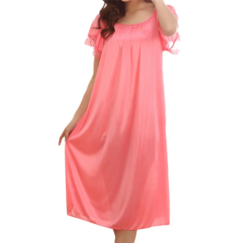 Women Summer Home Lace Ice Silk Short Sleeve Loose Nightgown Dress O Neck Lingerie Pajamas Dress One Size 40FE01 (28)