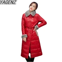 Зимнее новое пальто из искусственной кожи, женское теплое пальто с большим меховым воротником, женское длинное белое пуховое хлопковое пальто