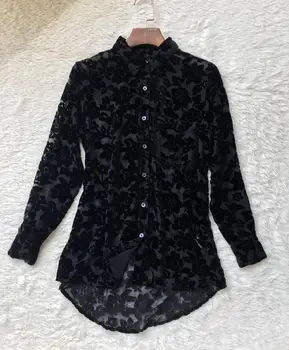 

Women's Rose Print Seethrough Shirts Classic Silk Flocking Top Blouse Female Long Sleeve Casual Office Clothes