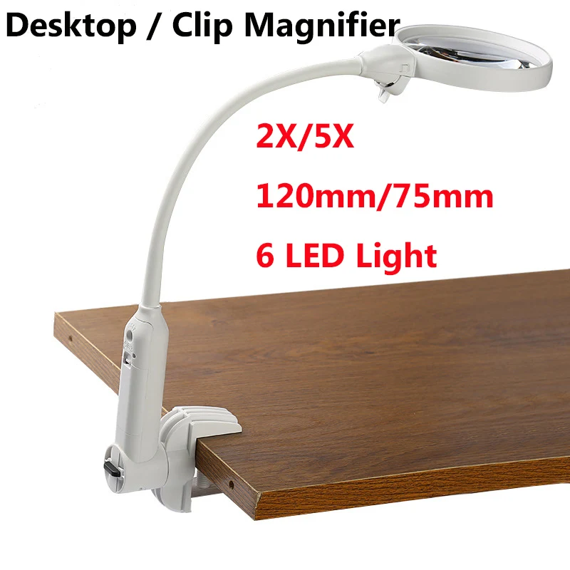 

2019 New Desktop Clip Fixed Multifunction 120mm/75mm 2X/5X Lens With 6 LED Reading Illumination Magnifier