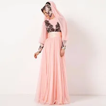 2015 Pink Appliques Long Sleeves Dubai Muslim Kaftan Abayas Arabic Evening Robe Islamic Dresses For Woman Hijab Evening Dresses