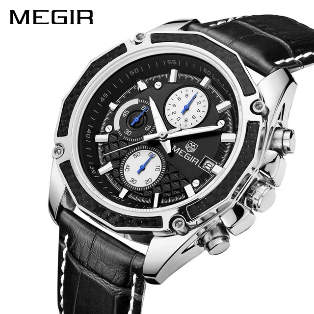 MEGIR Топ бренд оригинальные мужские кварцевые часы военные часы многофункциональные хронограф кожа спортивные часы Relogio Feminino - Цвет: Black