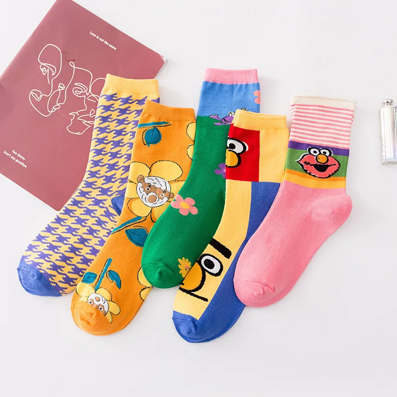 

womens cotton 2019 happy cute socks women Sesame Street art kpop socks van gogh calcetines gato yellow/pink socks
