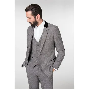 

2017 Winter Light Grey Tweed men wedding suits new Slim Fit 3 Pieces costume homme Custom Groom Blazer mens suit terno masculino