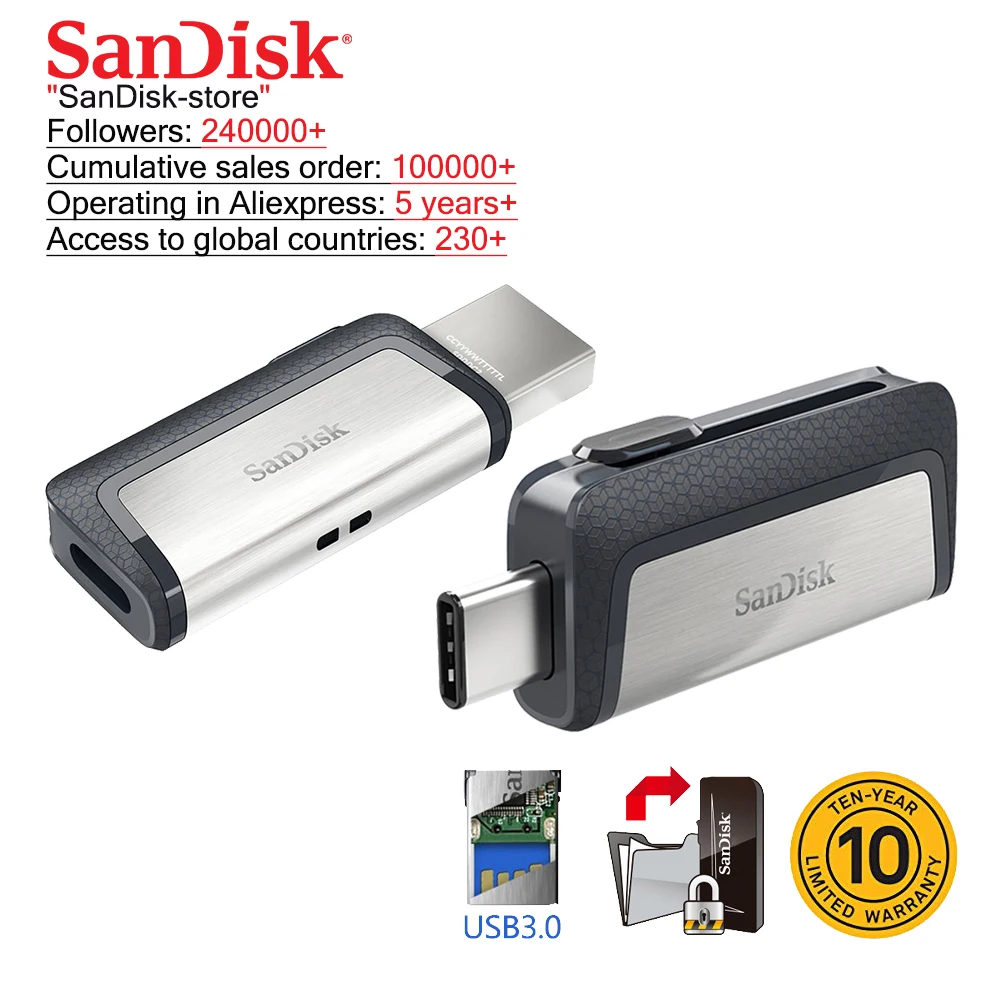 

Sandisk 128GB Extreme high speed Type-C USB3.1 Dual OTG USB Flash Drive 64GB Pen Drives 256GB 130M/S PenDrives 32GB