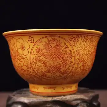 

Exquisite Chinese Characteristic Golden Auspicious Dragon and Flowers longevity Designs Porcelain Bowl