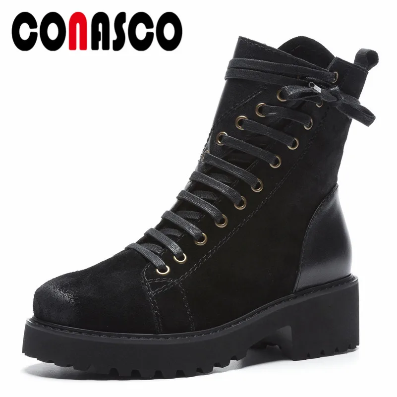 

CONASCO 2019 Women Round Toe Ankle Boots Cow Suede High Heels Short Motorcycle Boots Ladies Quality Party Shoes Woman Basic Boot