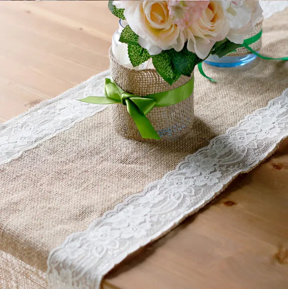 30cm x 275cm Hessian Table Runners Burlap and Lace Vintage Home Wedding