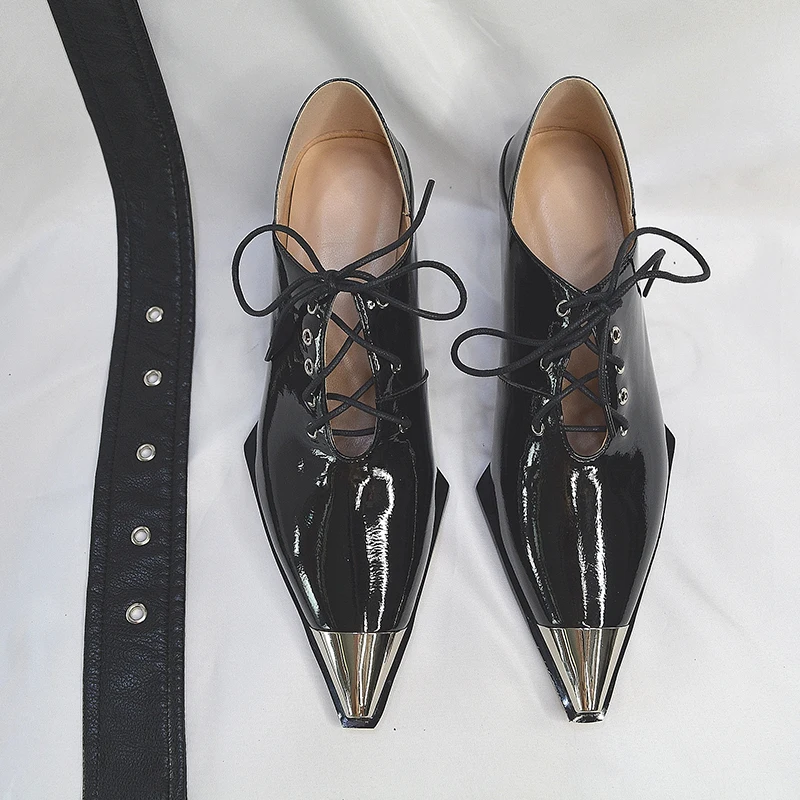 Женские туфли-лодочки повседневная обувь с металлическим носком женские модельные туфли из натуральной кожи на шнуровке в стиле панк вечерние Женская Офисная обувь на необычном каблуке