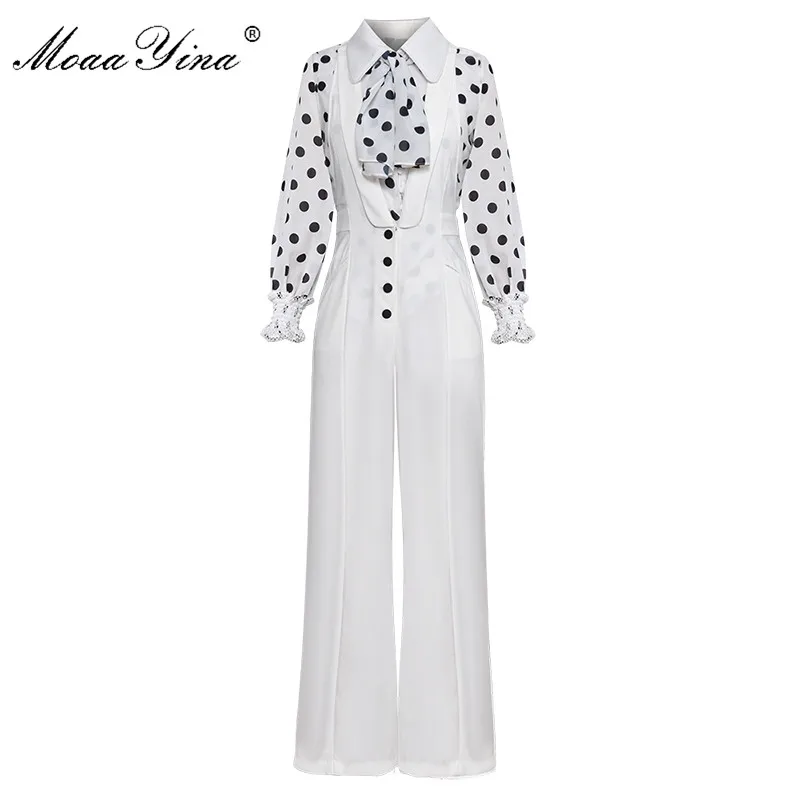 

MoaaYina Scarf Turn-down Collar Wave point Lantern Sleeve White Shirt Tops Spring Women Two-piece suit+Bell-bottomed pants Set