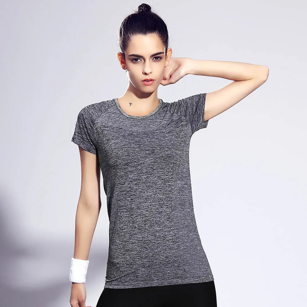Image Women s High elasticity Short Sleeve Shirts Breathable Round collar Quick Dry Fitness Girls Shirt
