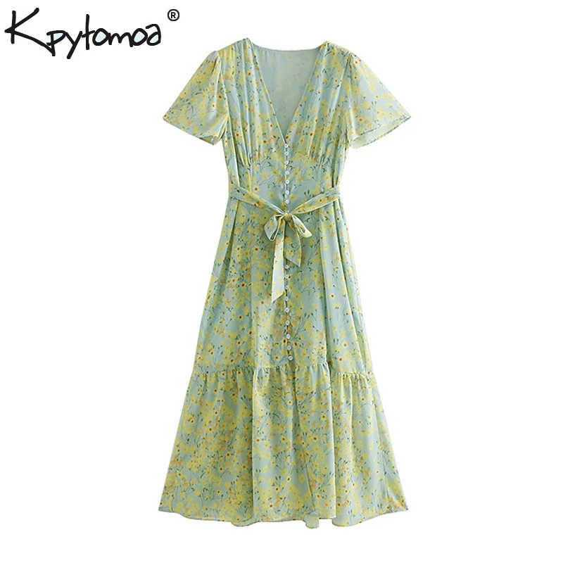Винтажное стильное шифоновое платье миди с цветочным принтом и поясом для женщин модное Плиссированное Повседневное платье с v-образным вырезом vestidos mujer