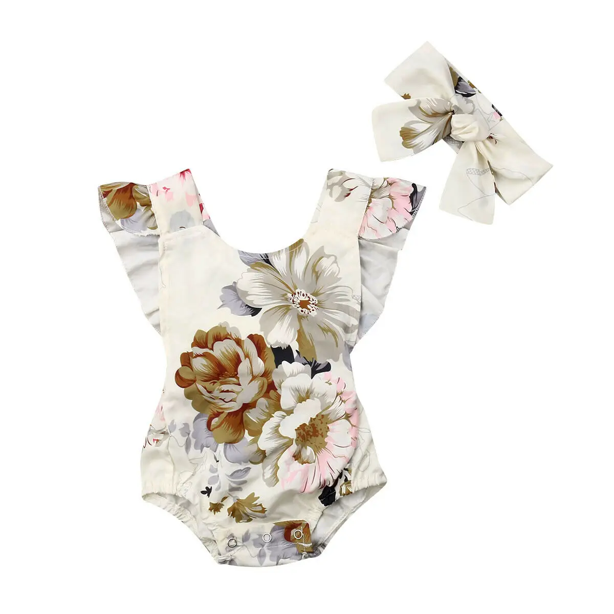 

2Pcs Cute Newborn Infant Baby Girl Floral Bodysuit Jumpsuit Playsuit +Headband Clothes Outfit