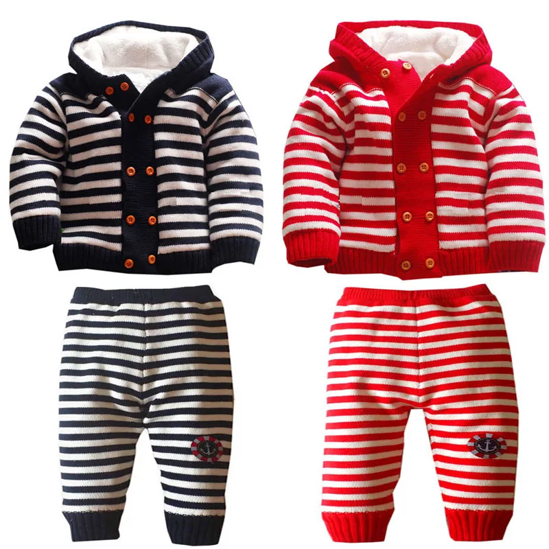 

1 set free shipping Autumn And Winter new Plus velvet child Cotton stripe Warm Sweaters Set  Kids coat aTLL0073