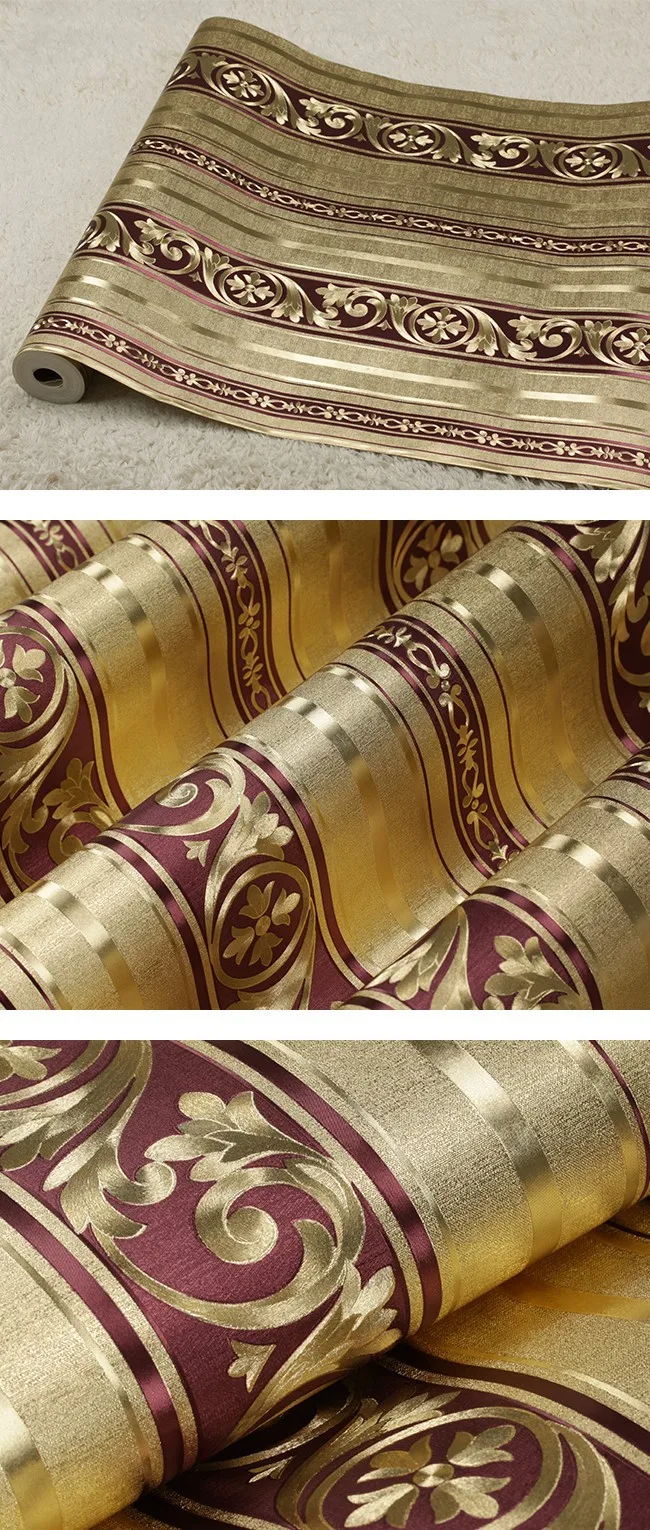 Европейская роскошная Золотая полосатая настенная бумага ПВХ 3D тисненая Золотая фольга настенная бумага рулон Дамасская настенная бумага для гостиной спальни
