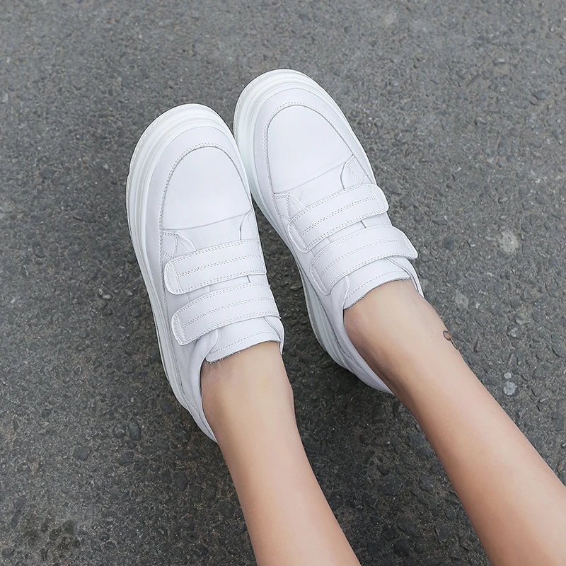 Кроссовки женские кожа белый спортивная обувь для женщин без каблука повседневное женские Сникеры на платформе парусиновая 6,5 см - Цвет: Белый